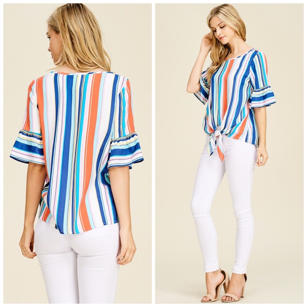 LAST 1! ๐Striped Woven Ruffle Self Tie Top! - Picture 4 of 4